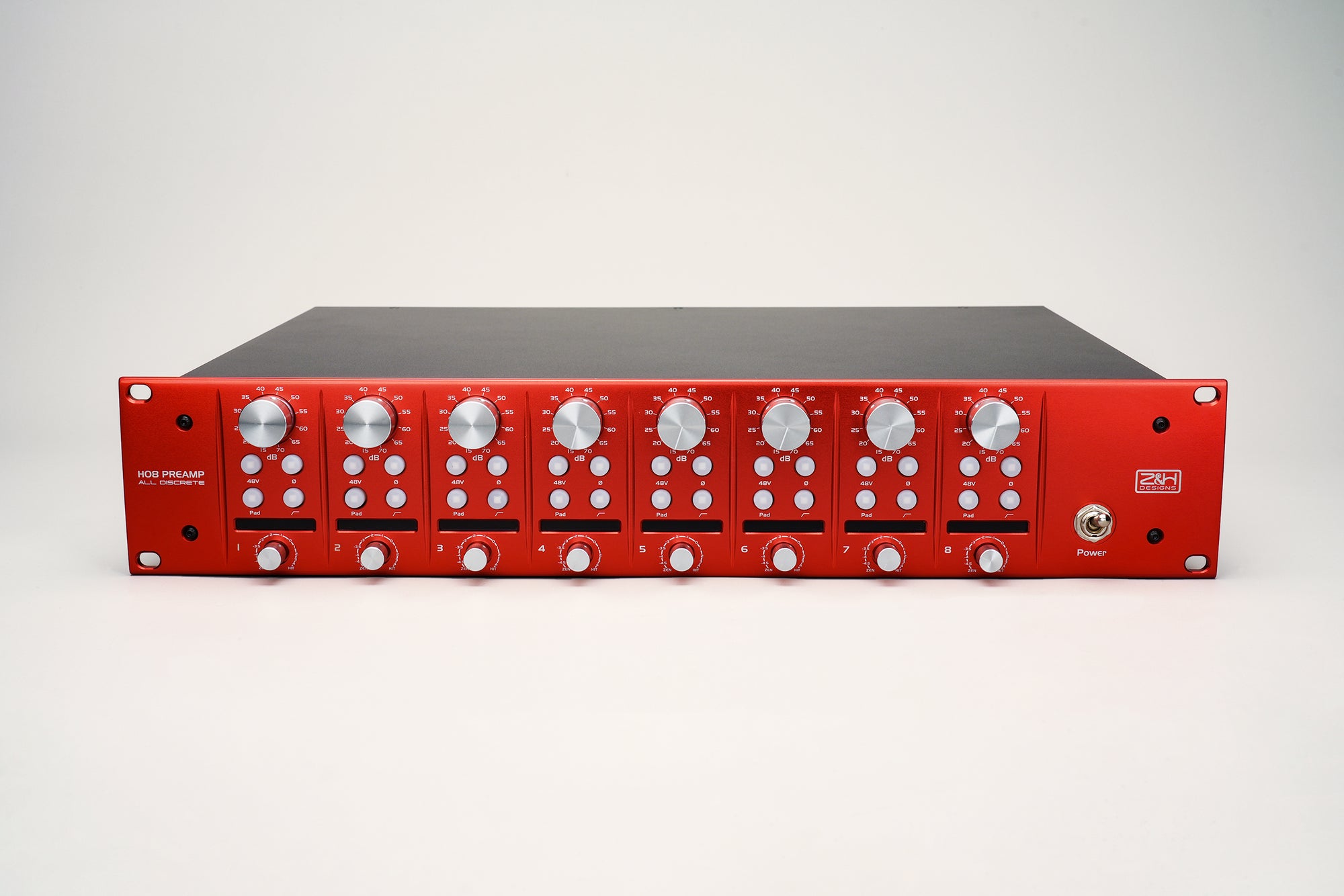A red 8-channel microphone preamp with knobs and switches on the front panel, labeled 'HO8'.